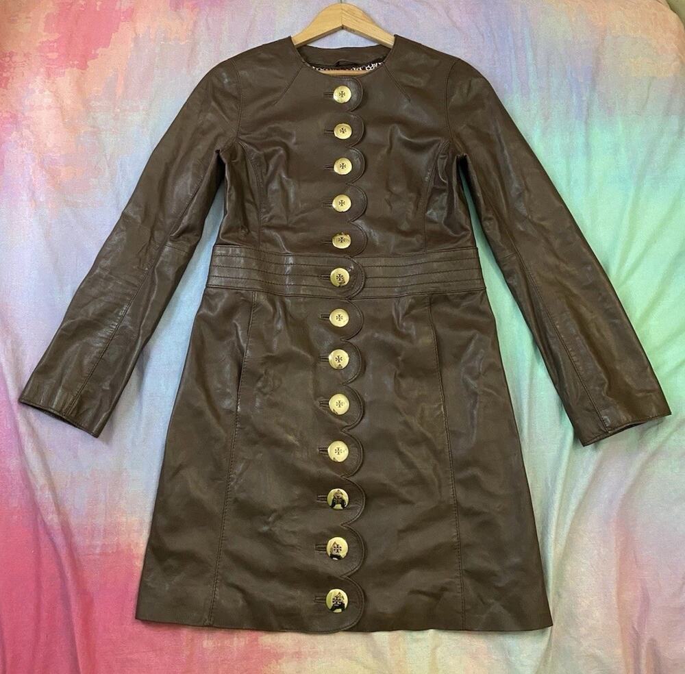 TORY BURCH Cordelia Scalloped 100% Lamb Leather Jacket Logo Buttons Long Size 6
